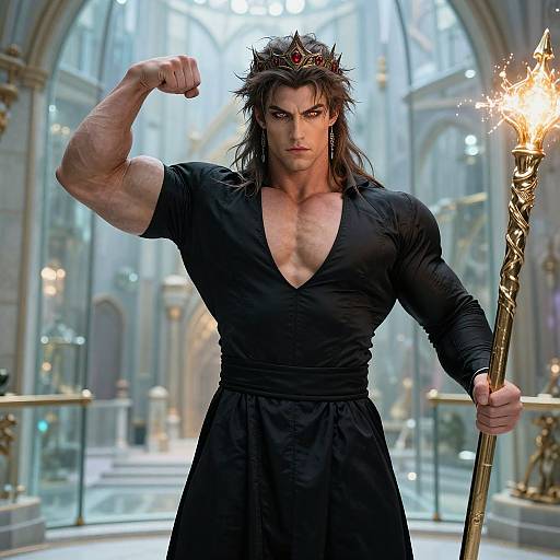 Photorealistic CGI of a muscular, dark-haired, crown-wearing man in a black V-neck shirt, flexing his bicep while holding