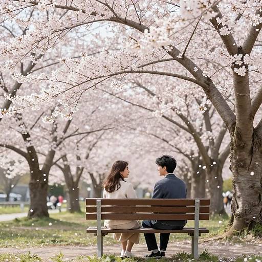 Photograph of a couple sitting on a wooden bench under pink cherry blossom trees, facing each other, with sunlight filtering through.
