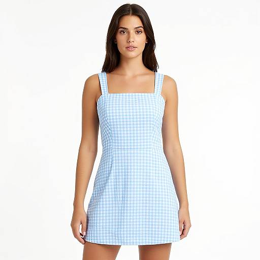 Photograph of a young woman with straight dark hair, wearing a sleeveless, light blue and white gingham dress, standing against a plain white background