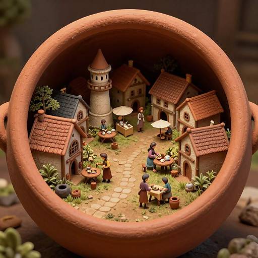 Photograph of a detailed, miniature village inside a clay pot, featuring cottages, a tower, people dining, and lush greenery. Warm,