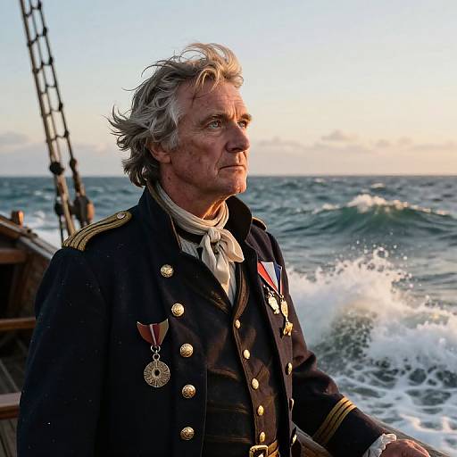 Photograph of an older white man with gray hair, wearing a black naval uniform with medals, standing on a ship at sunset with ocean waves in the