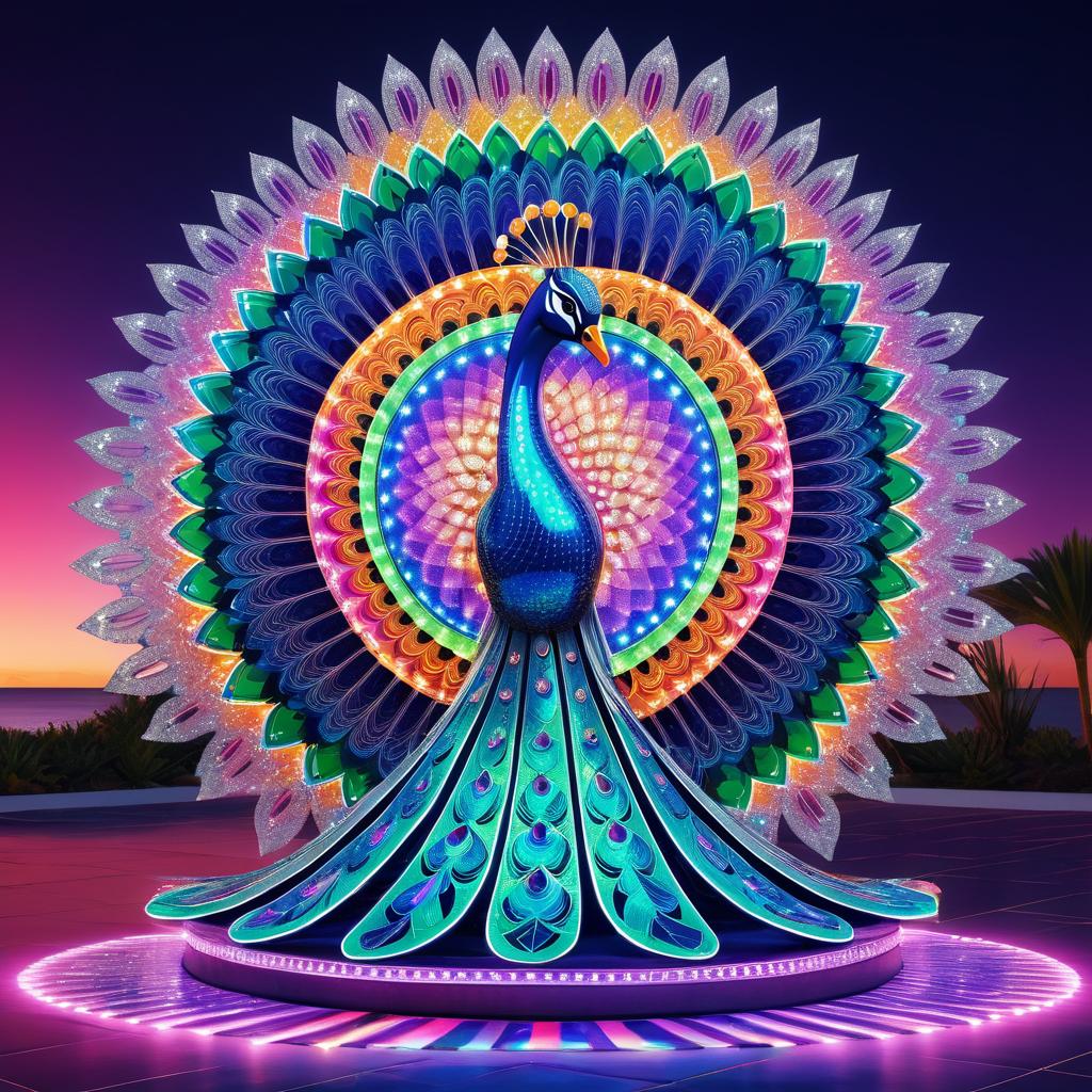 Neon Chrome Peacock Statue in Frida's Style