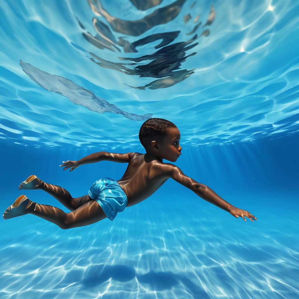 Curious Black Child Swimming Underwater