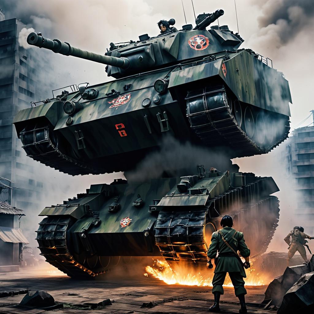 Giant Titan Crushing Tank in Urban Scene