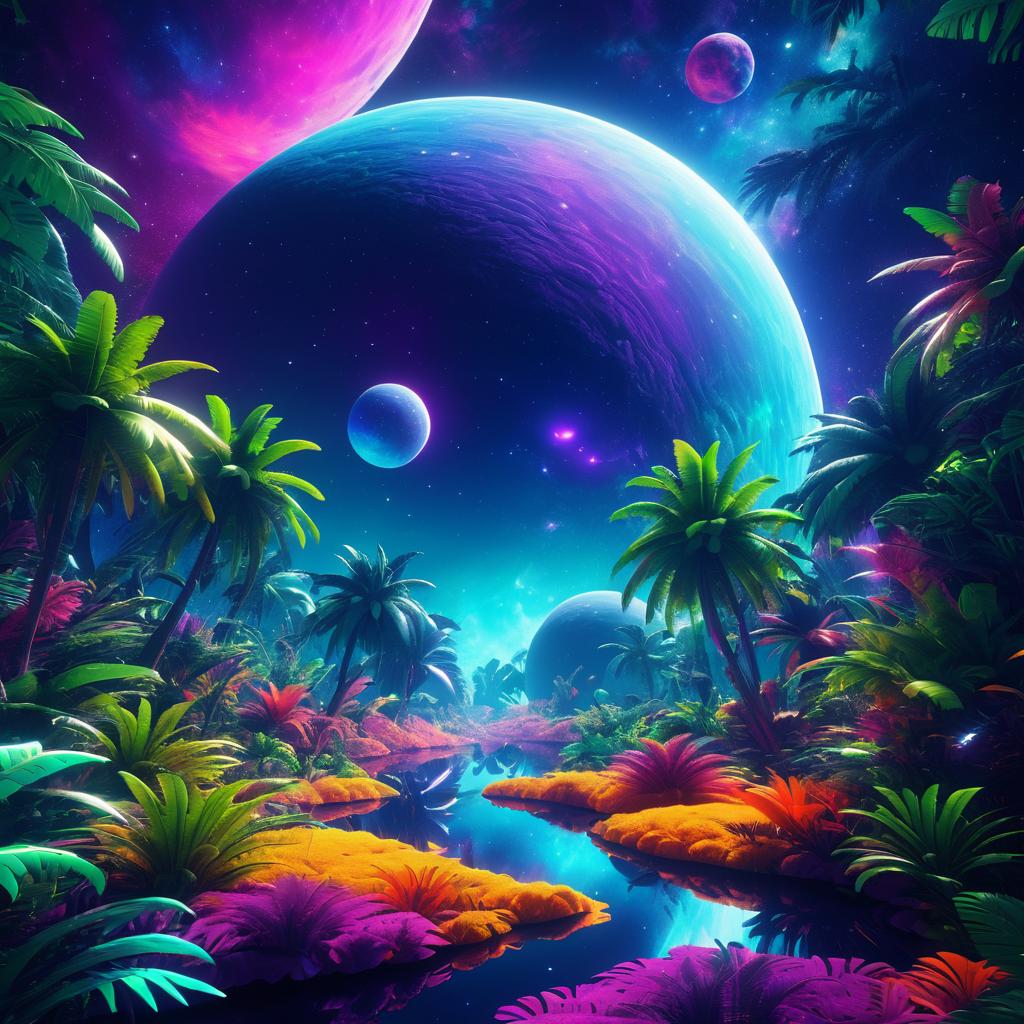 Vibrant Cosmic Jungle in 3D Render