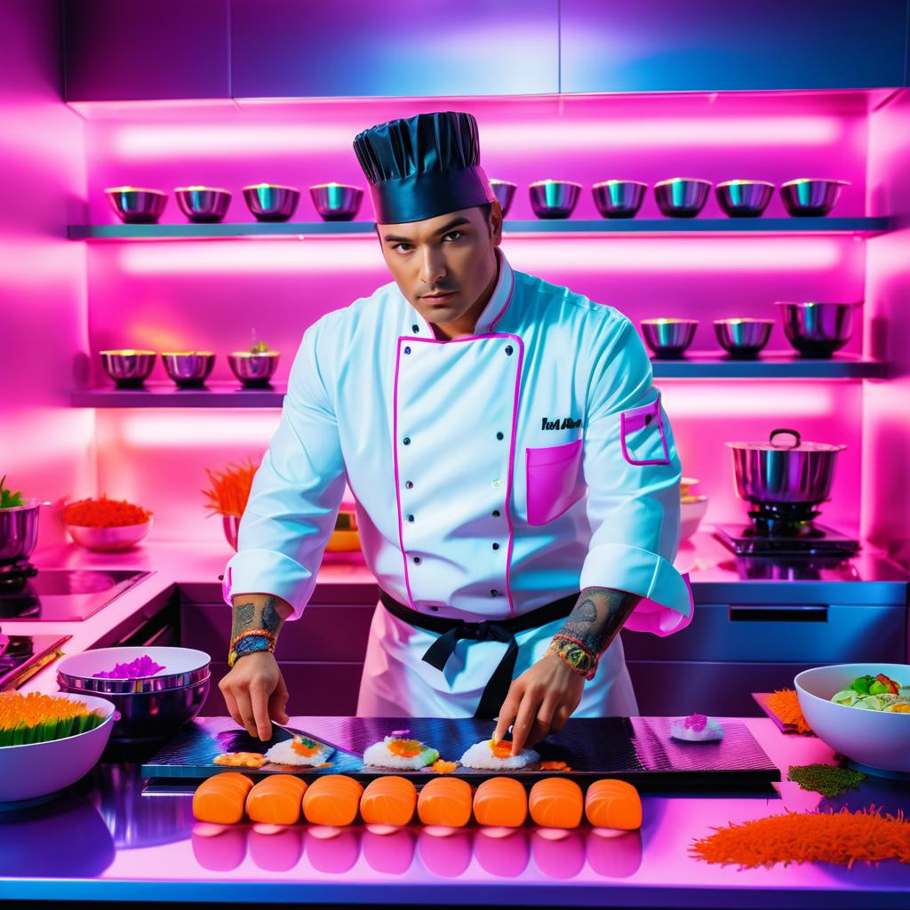 Vibrant Sushi Chef in Neon Kitchen