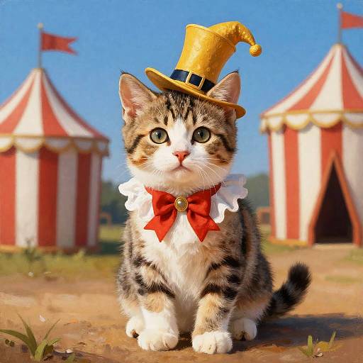 Photograph of a tabby cat with white chest, wearing a yellow top hat, red bow tie, and white ruffled collar, in front of