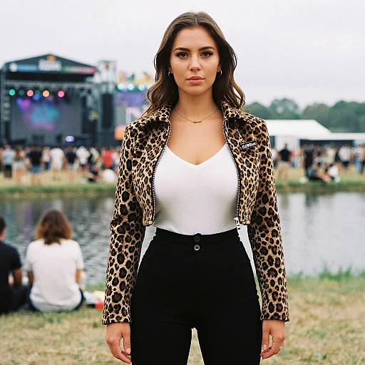 Photograph of a confident woman with long brown hair, wearing a leopard print jacket, white V-neck top, and black high-waisted pants,