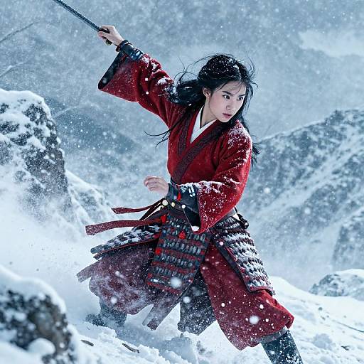 Digital illustration of an Asian woman warrior with long black hair, wearing a red kimono and armor, wielding a sword in a snowy mountain landscape. Int