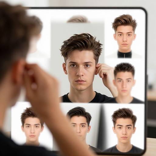 Photograph of a young man with short, spiked brown hair, shown in multiple mirror selfies, each with a neutral expression, against a white background.