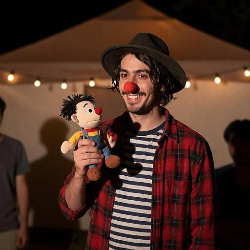 Smiling Man with Puppet in Tent