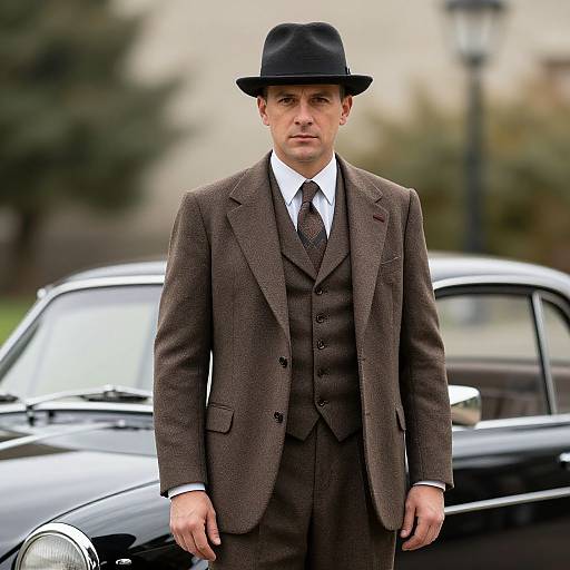 Photograph of a man in a brown three-piece suit, black tie, and black bowler hat, standing in front of a black vintage car.