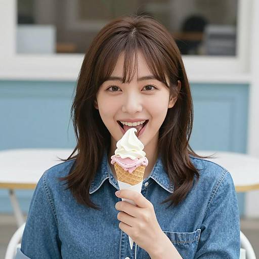 Joyful Asian Woman Enjoying Ice Cream