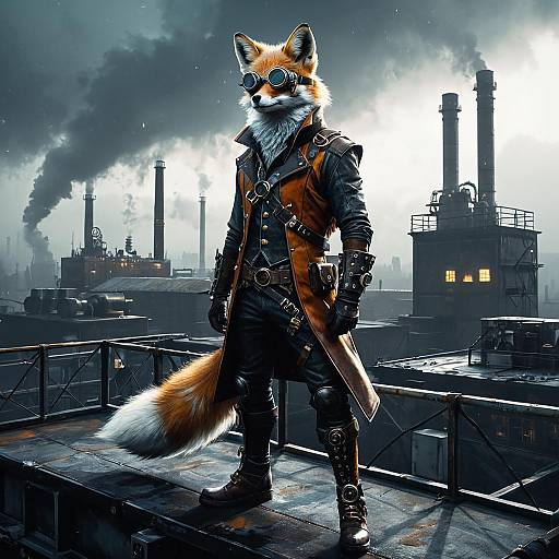 Anthropomorphic Fox in Steampunk Attire on Industrial Rooftop