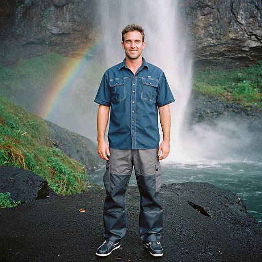 Photograph of a smiling man in a blue shirt and gray pants standing in front of a waterfall with a rainbow.