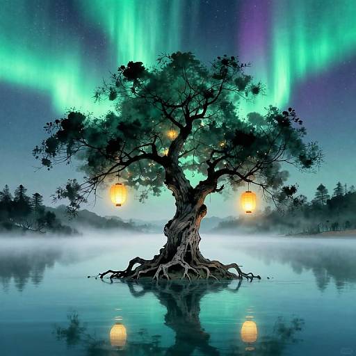 Photograph of a twisted tree with glowing lanterns, standing in a serene lake under vibrant green and purple auroras in the night sky.