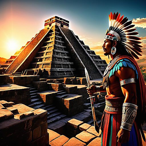 Aztec Warrior Overlooking Pyramid at Sunset