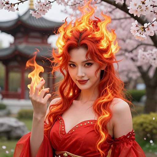 Digital artwork of a red-haired woman with fiery hair, wearing an off-shoulder red dress, holding flames, standing under cherry blossoms with a