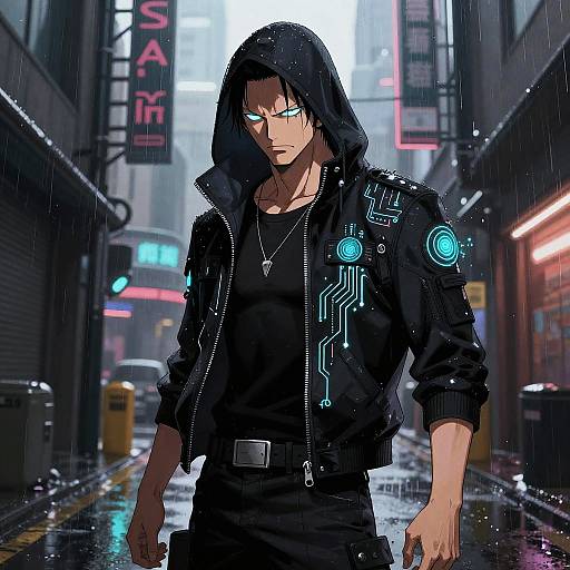 Cyberpunk anime-style drawing: hooded man with glowing blue eyes, black jacket, and neon accents, walking in a rainy, neon-lit