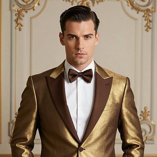Photorealistic portrait of a handsome man with dark hair, wearing a gold and brown tuxedo with a black bow tie, standing against an orn