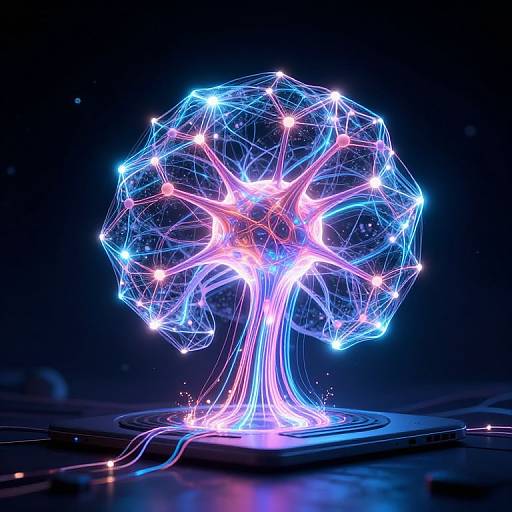Neon wireframe tree sculpture with glowing blue, pink, and white lights against a dark background, illuminated by digital lights.