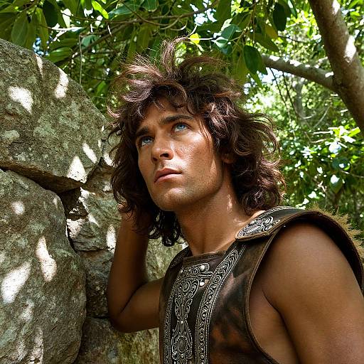 Photograph of a muscular, dark-haired man with blue eyes, wearing a sleeveless, patterned brown vest, leaning against a sunlit stone wall