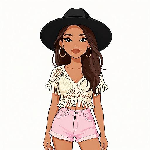 Digital drawing of a stylish woman with dark brown hair, wearing a black hat, white fringed top, and pink shorts, with large hoop earrings,