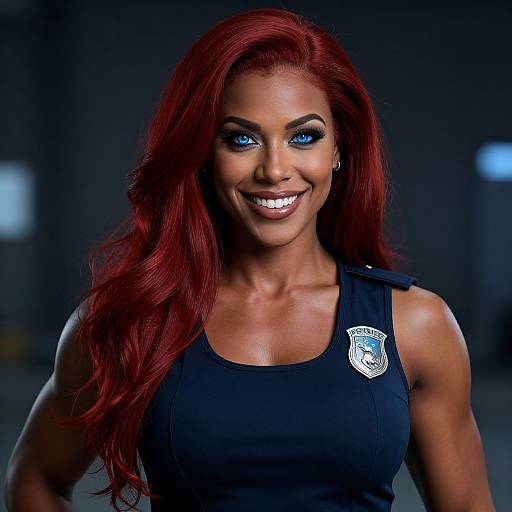 Photograph of a smiling, muscular woman with long red hair, blue eyes, wearing a black police uniform with a badge, against a dark, blurred