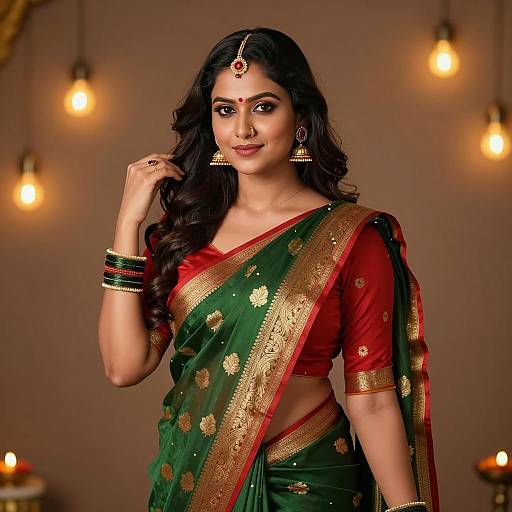 Indian Woman in Green and Red Saree for Diwali