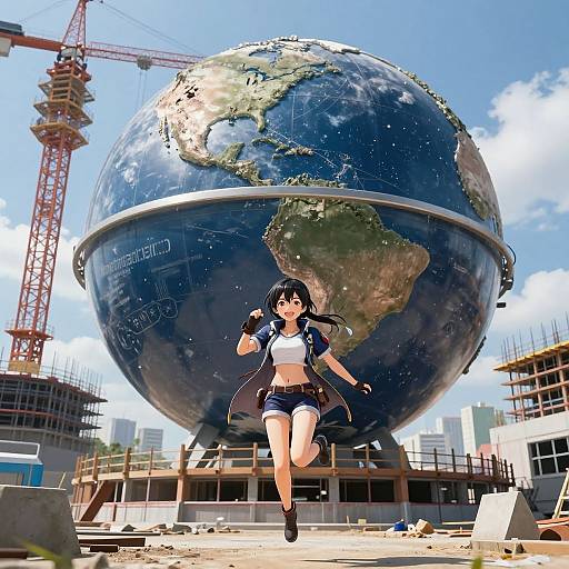 Anime-style girl with black hair and blue outfit runs in front of giant Earth sphere on construction site with crane.