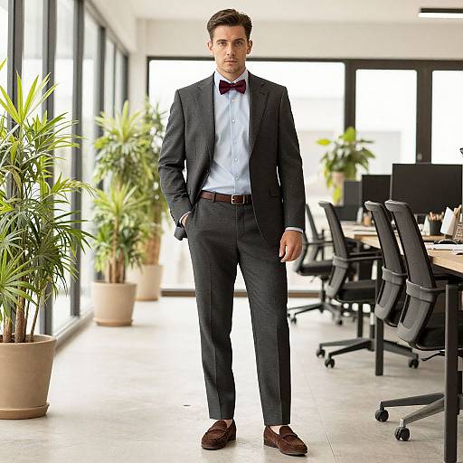 Photograph of a handsome, dark-haired man in a black suit, white shirt, red bow tie, and brown shoes, standing in a bright,