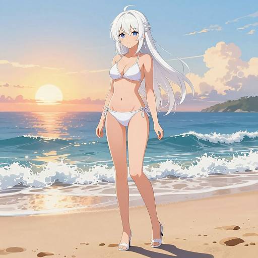 Anime Girl in White Bikini at Sunset