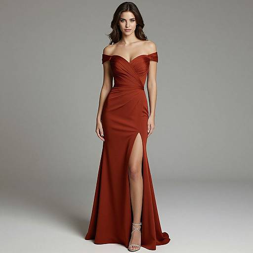 Photograph of a dark-haired woman in an off-shoulder, deep red, floor-length gown with a high slit, standing against a plain gray