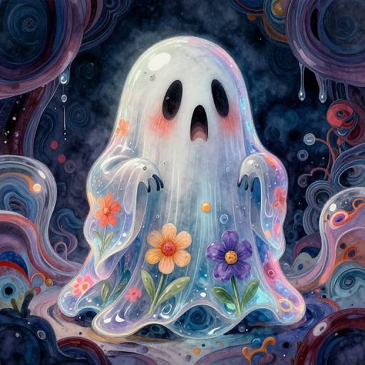 Whimsical digital art of a glowing, translucent ghost with black eyes, surrounded by colorful flowers and swirling, abstract patterns in a dark, dreamy
