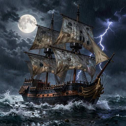 Battered Galleon on Stormy Moonlit Seas