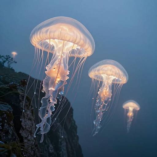 Photograph of three glowing jellyfish with translucent, bell-shaped bodies and trailing tentacles floating in a deep blue ocean.