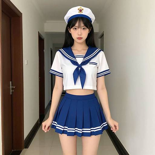 Young Asian woman in sailor uniform with white crop top, navy skirt, and cap, standing in a white hallway. Photograph.