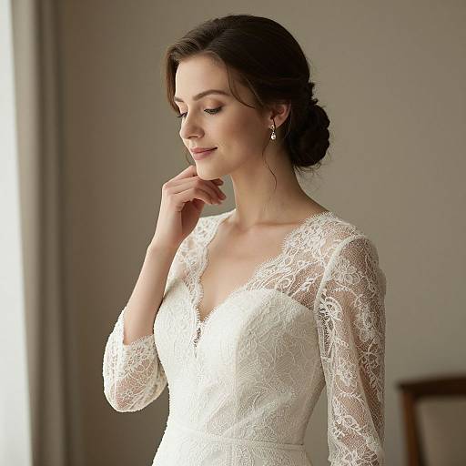 Photograph of a fair-skinned woman with dark brown hair in an updo, wearing a white lace wedding dress with long sleeves, standing indoors near
