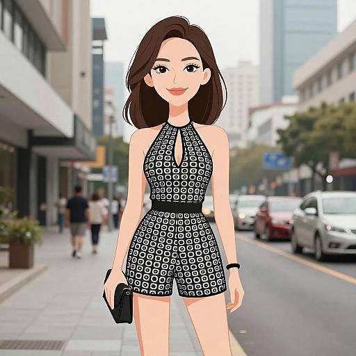 Smiling Woman in Geometric Jumpsuit