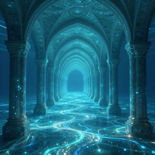 Digital artwork of a glowing, blue-lit, medieval archway corridor with intricate patterns on the ceiling and illuminated, flowing lines on the floor.