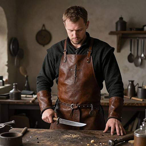 Photograph of a bearded man in a brown leather apron, black shirt, chopping on a wooden table in a rustic kitchen.