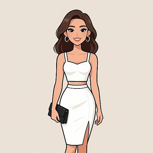 Digital illustration of a stylish woman with long brown hair, wearing a white crop top and matching skirt, holding a black clutch, and adorned with large hoop