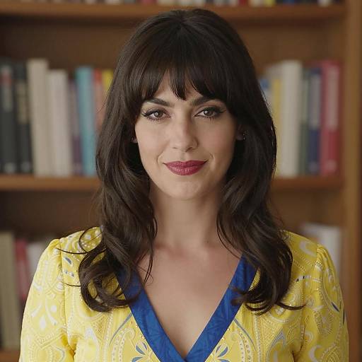 Elegant Woman in Yellow Dress Surrounded by Books