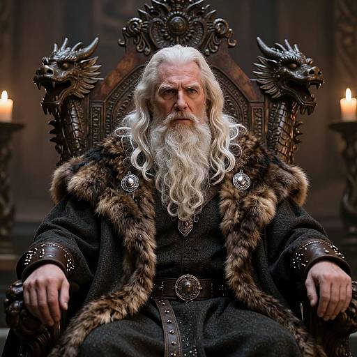 Photograph of an elderly white-bearded man with long white hair, wearing a fur-trimmed black robe, seated on a throne with dragon car