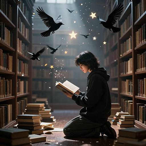 Mystical Library Scene with Soaring Birds