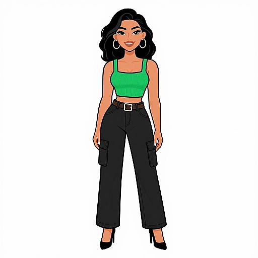 Digital illustration of a smiling woman with dark wavy hair, wearing a green crop top, black high-waisted cargo pants, black heels, and