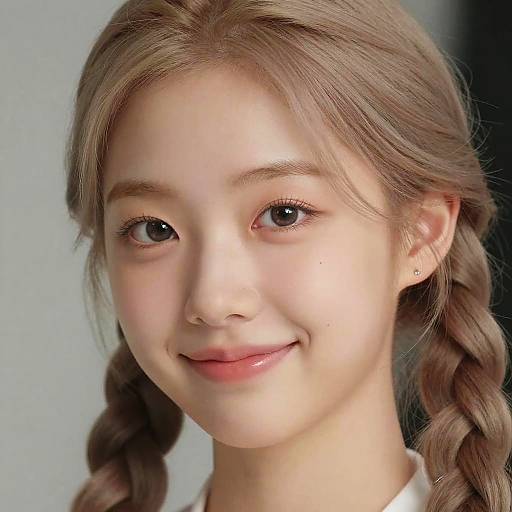 Photograph of a young Asian girl with fair skin, light brown braided hair, small earrings, and a gentle smile, against a neutral background.