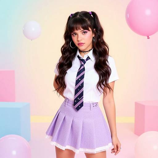 Photograph of a young woman with long black hair in pigtails, wearing a white shirt, purple-striped tie, and lavender skirt, against a