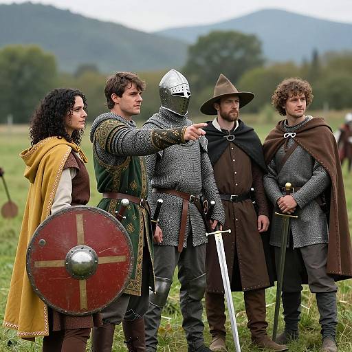 Five Warriors in a Scenic Medieval Landscape