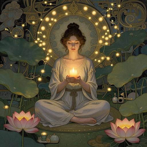 Digital artwork of a serene woman in a white robe, meditating on a lotus, surrounded by glowing lights, lily pads, and pink lot